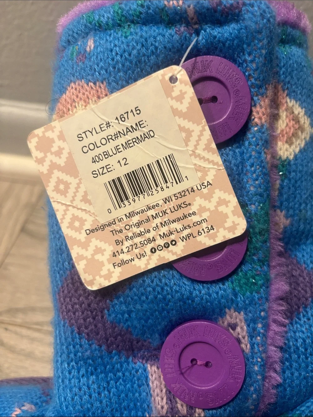 Kids Original Mukluks Blue and Purple Button-Up Winter Boots with Mermaid Design